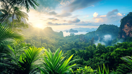 Tropical jungle with mist and sunrise over mountains representing travel, adventure, nature, exploration, and serenity.