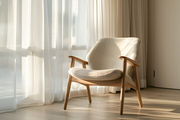 Chair in Scandinavian style with light wood and white upholstery, located near the window