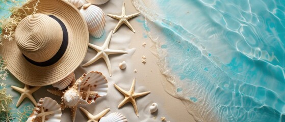 Summer beach accessories with starfish and shells on sand by the ocean - holiday background.