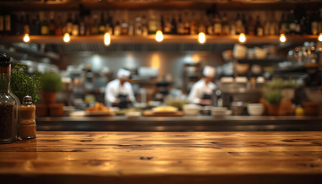Wood table top with blur of people in coffee shop or restaurant, nightclub, pub on background.