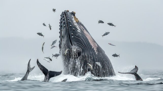 Big whale catching lots of small fishes in its mouth created with Generative AI