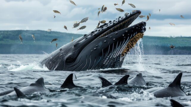 Big whale catching lots of small fishes in its mouth created with Generative AI