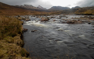 Slow shutter release of a fast flowing river in the highlands of Scotland