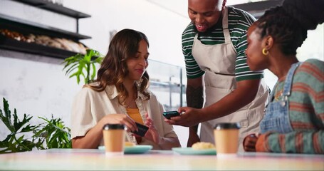 Restaurant, credit card or friends with waiter for payment, transfer or fast food purchase. Coffee shop, brunch or women with barista for meal debit, sale or contactless, digital currency or machine - Powered by Adobe