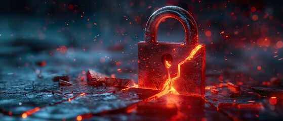 Cyber security and protection breach, impressive broken lock illustration - obrazy, fototapety, plakaty