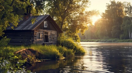 Fototapeta premium abandoned old wood house on a river bank at the sun set
