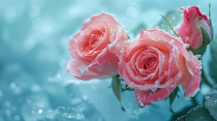 frozen roses on ice in natural light