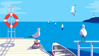 Seascape with seagulls, sailboat pier on sea coast vector illustration. Seaside holiday vacation travel poster background. Ocean bay scenic view of seabirds, yachts, sailing boats flat minimal design
