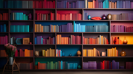Bookshelf with colorful rainbow folders