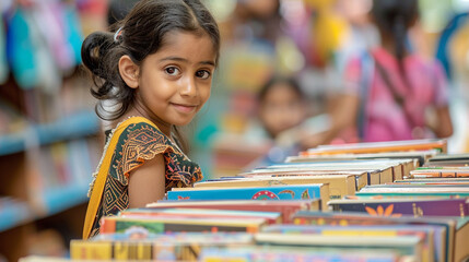 An Indigo child organizing a community book drive to promote literacy and access to education for underprivileged children, embodying the spirit of generosity and mutual support, l