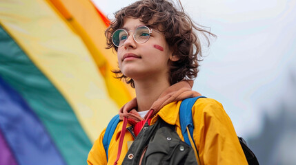 A teenager advocating for LGBTQ+ rights and acceptance in their school and community, inspired by the inclusivity and acceptance championed by Indigo children, love, respect, toler