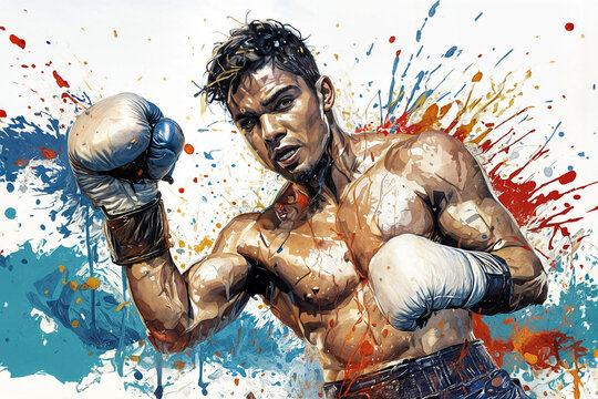 Boxer with boxing gloves and splashes of paint on a white background. Illustration of a boxer in action with colorful splash background. Portrait of an athletic male boxer with boxing gloves.