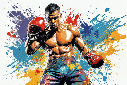 Boxer with boxing gloves and splashes of paint on a white background. Illustration of a boxer in action with colorful splash background. Portrait of an athletic male boxer with boxing gloves.