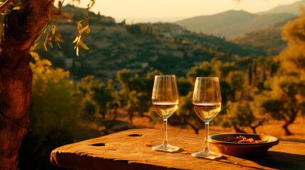 Fototapeta premium Bouteille de vin et 2 verres sur fond de mer Méditerranée