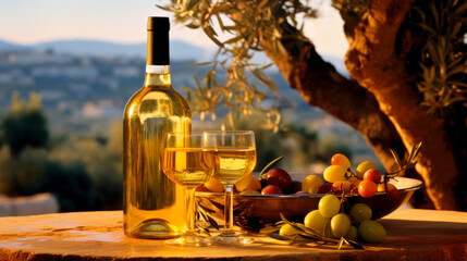 Bouteille de vin et 2 verres sur fond de mer Méditerranée