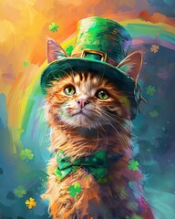 Lucky Leprechaun Cat with Rainbow for St. Patrick's

