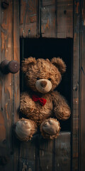 Teddy bear that hides behind a wooden door, wallpaper pictures, soft, dream-like quality, brown