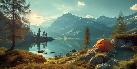 campsite with tent at nature, camping in mountains at sunset - obrazy, fototapety, plakaty