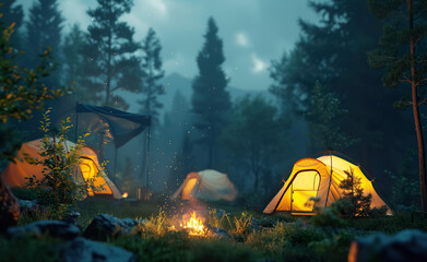 night camping with fireplace and tent, fire at campsite at night, travel and tourism concept