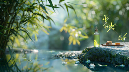 Fototapeta premium Essential oil in a bottle on a stone near the river. Selective focus.