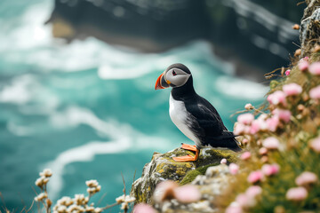 Beautiful Atlantic Puffin (Fratercula arctica) standing at the cliffs with beautiful turquoise...