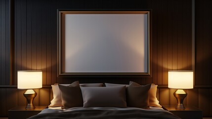 A luxury hotel suite featuring an empty canvas frame on a sleek, dark accent wall, illuminated by the warm, ambient light of designer bedside lamps.