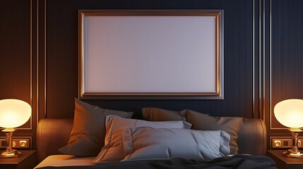 A luxury hotel suite featuring an empty canvas frame on a sleek, dark accent wall, illuminated by the warm, ambient light of designer bedside lamps.