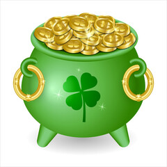 Green pot with St. Patrick's Day gold coins isolated on white background. Vector illustration