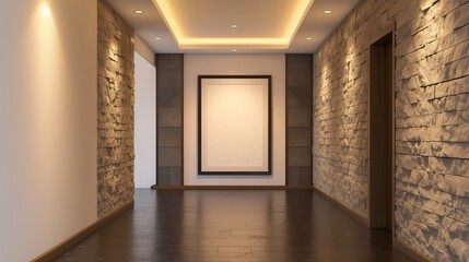 A spacious hallway in a modern house, featuring an empty canvas frame on a textured stone wall, lit by the warm glow of recessed ceiling lights. - obrazy, fototapety, plakaty