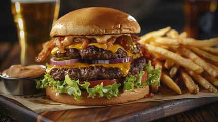 Double smash burger with cheese, lettuce, onion, dressing, fries, and cold beer on a wooden board