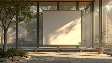 A sunroom in a modern house, where an empty canvas frame is set against a wall of glass, bathed in the natural light of a serene afternoon.