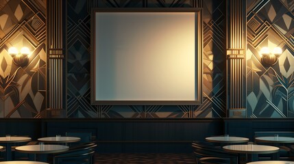 An art-deco inspired coffee shop, with an empty canvas frame on a wall with geometric patterns, lit by the stylish light of art deco fixtures.