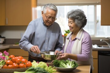 Senior couple cooking together in home kitchen.