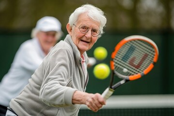 Joyful senior couple playing tennis together.