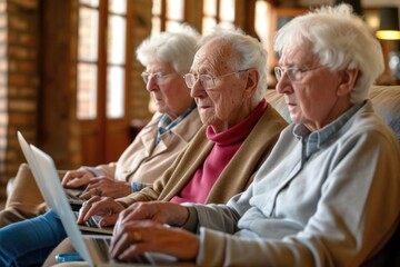 Seniors engaged in computer learning at modern library.