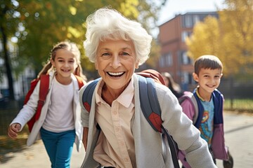 Smiling Grandmother with Grandchildren Walking to School - obrazy, fototapety, plakaty
