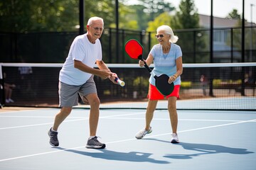 Energetic senior couple playing pickleball on court.