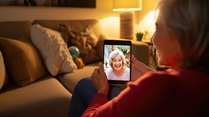 Elderly woman video calling on tablet during holidays. - Powered by Adobe