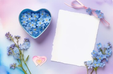 Women's day background. Mothers Day. Paper list for text, hearts and forget-me-not flowers, top view. Beautiful card. Flat layout.