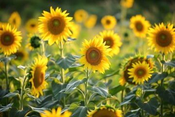 Obraz premium Field of yellow sunflowers glowing in the sun, closeup macro photography