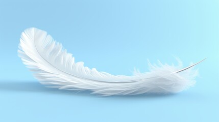 Ethereal white plume levitating gracefully in isolation against a soft light blue background
