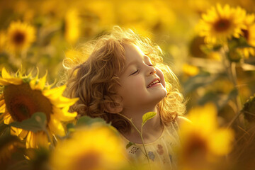 Fototapeta premium A happy girl is smiling in a sunflower field, surrounded by yellow flowers
