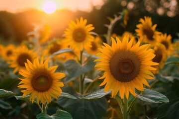 Obraz premium Field of yellow sunflowers glowing in the sun, closeup macro photography
