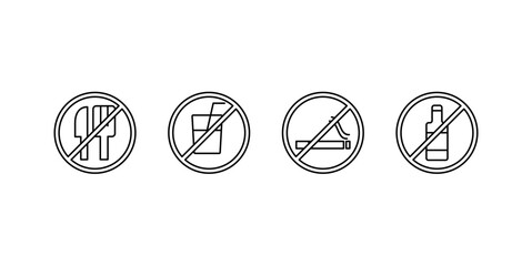 
No eating, no smoking and drinking sign vector icons, isolated white background.