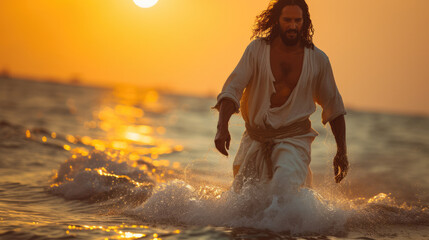 Divine grace in motion: A full-length portrait captures the serene majesty of Jesus Christ as he walks on water, a powerful symbol of faith, courage, and the miraculous