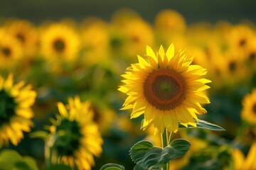 Fototapeta premium Field of yellow sunflowers glowing in the sun, closeup macro photography