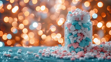 Heart shaped love pills for boosting man power on blurred background with copy space