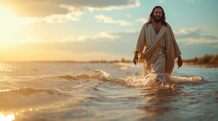 Divine grace in motion: A full-length portrait captures the serene majesty of Jesus Christ as he walks on water, a powerful symbol of faith, courage, and the miraculous