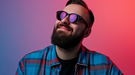 Energetic young man dancing in nightclub with vibrant laser lights and sunglasses