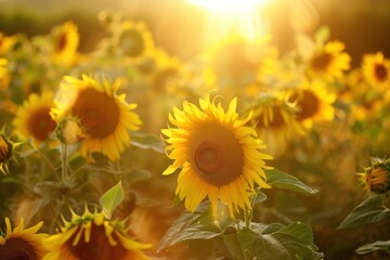 Fototapeta premium Field of yellow sunflowers glowing in the sun, closeup macro photography